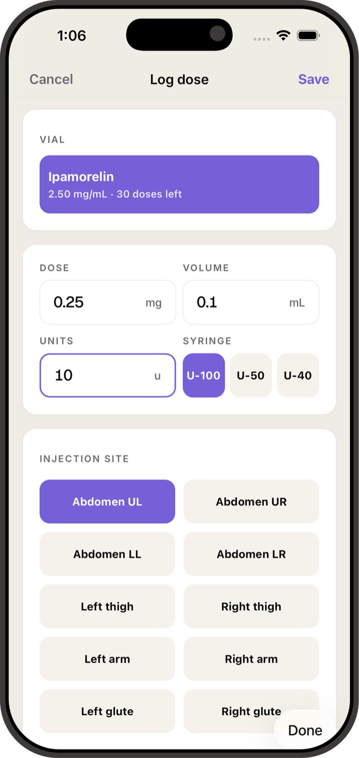 Peptide dose logging screen with syringe units
