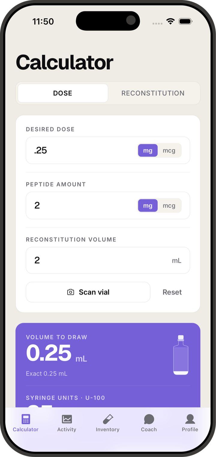 Peptide dosage calculator screen showing desired dose and volume to draw